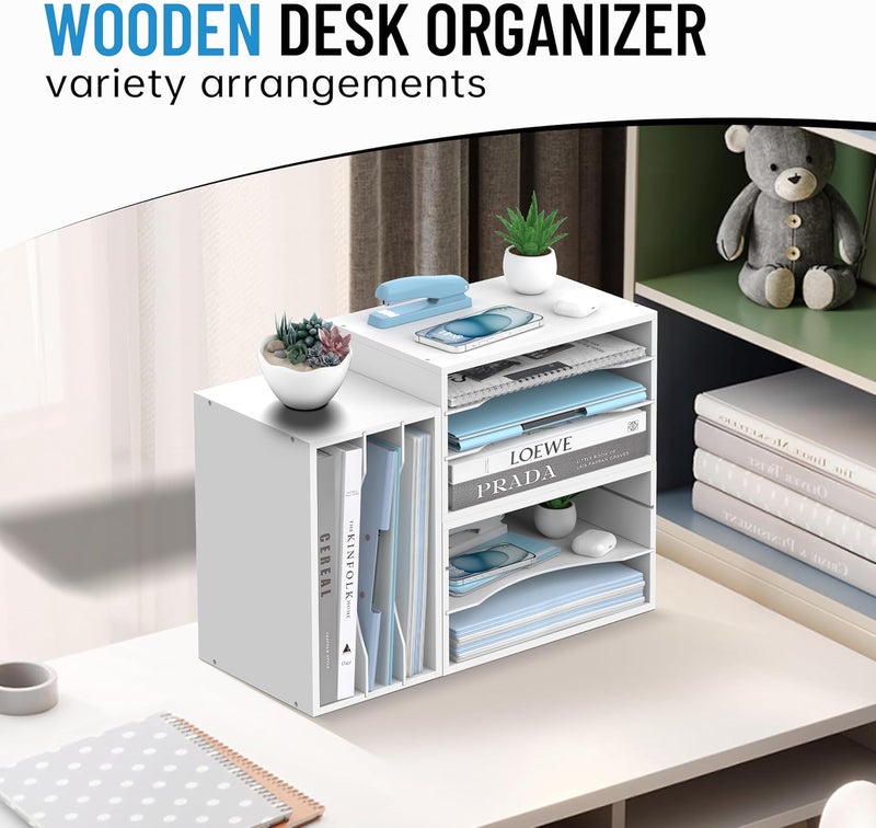 SHARKWOODS Wood Desk Organizer, 3 Tier Paper Tray Organizer for Desk with Adjustable Storage Shelves, Desktop File Organization Paper Sorter Mail Holder for Office Home Classroom, White - Image 3